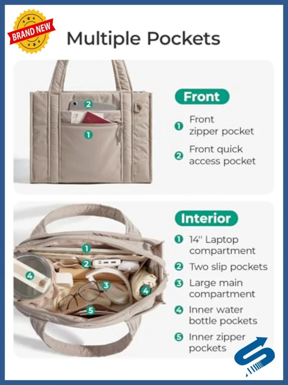 Quilted Puffer Tote Bag with Crossbody Strap - Water-Resistant, 14L, Laptop